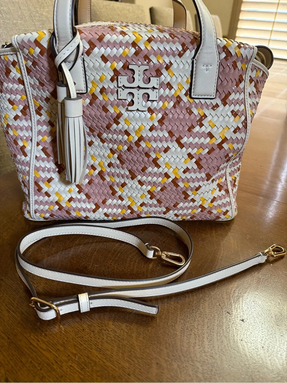 Tory Burch Pink, White & Yellow Woven Leather Satchel with Tassel